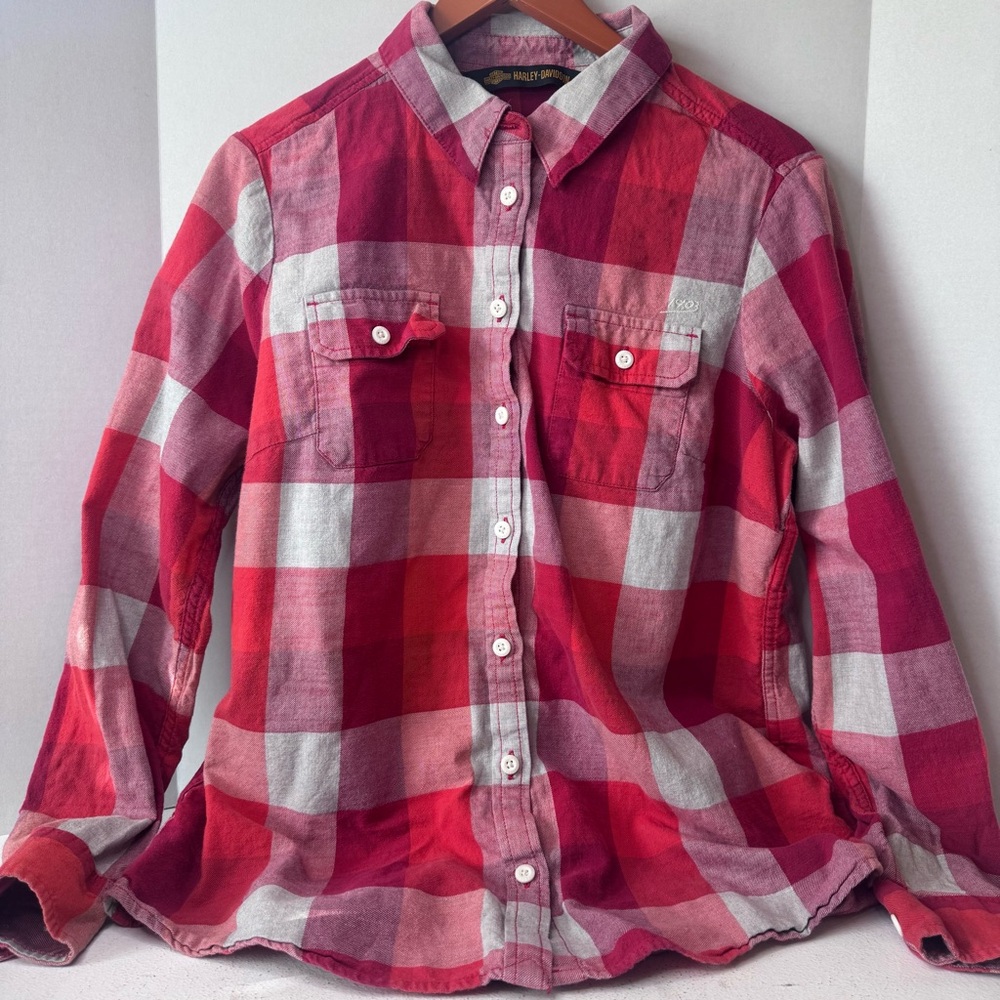 Harley-Davidson Red and White Checkered Shirt Women Size Large